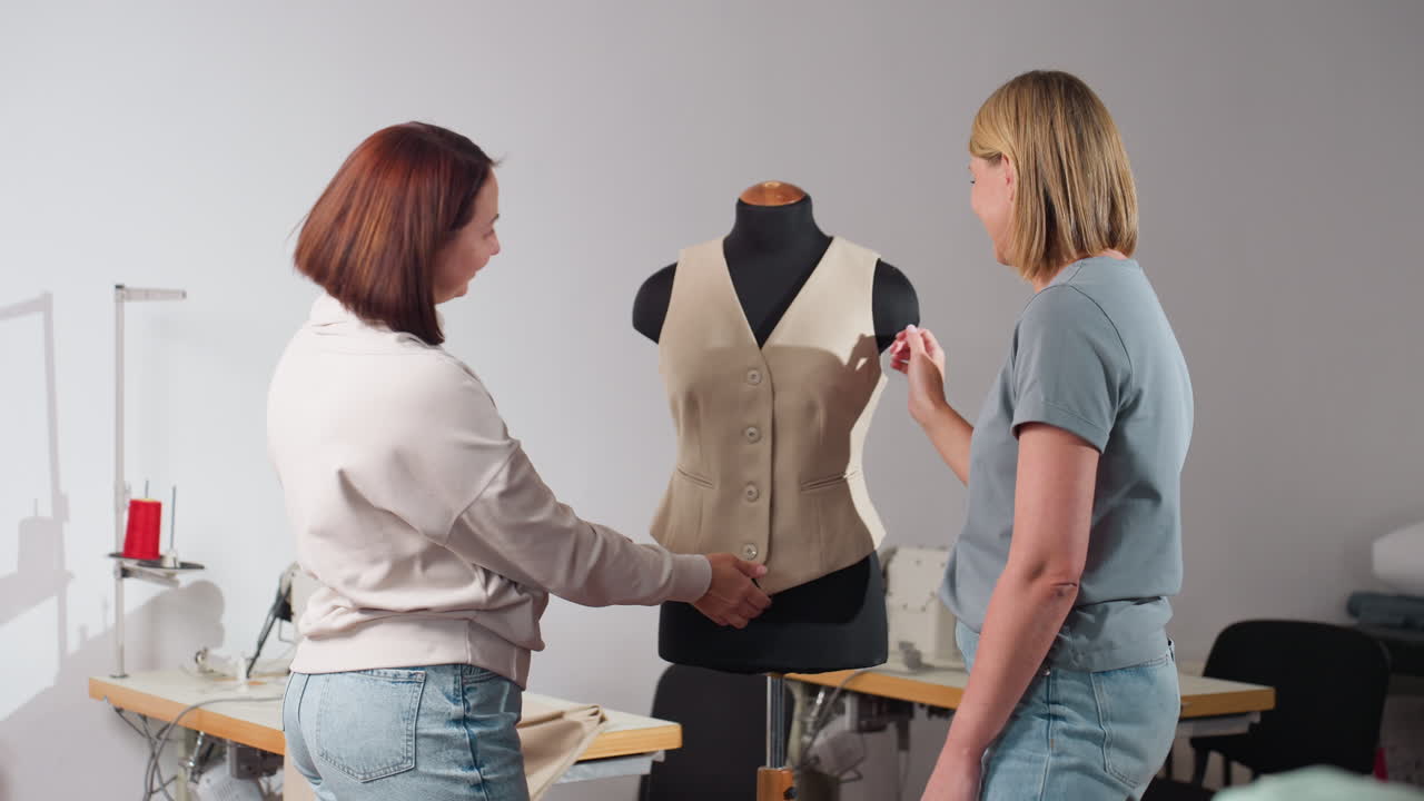 Garment makers exchange high five beside beige vest on black mannequin, grinning proudly in sewing studio with folded fabrics and machines, celebrating design project completion with lively energy
