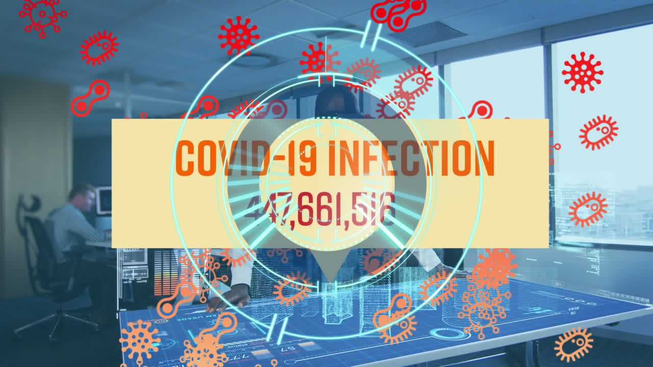 Animation of text covid 19 infection, scanner and virus cells over man in vr headset in office