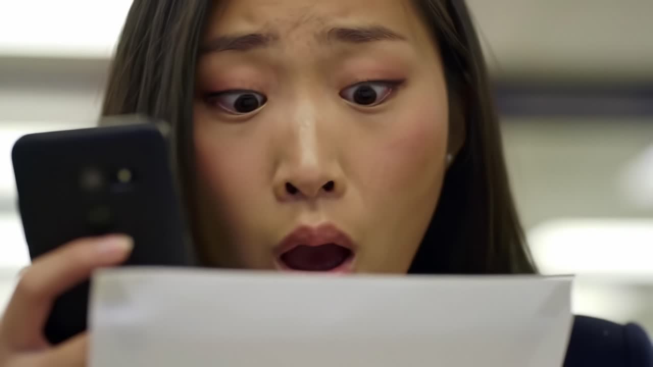 A young woman expresses shock and disbelief as she stares at her phone while holding a piece of paper. She is in a busy indoor environment, surrounded by other people.
