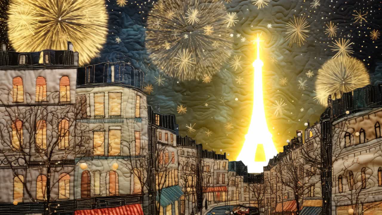 Quilted cityscape with fireworks over Eiffel Tower, captured from a low angle