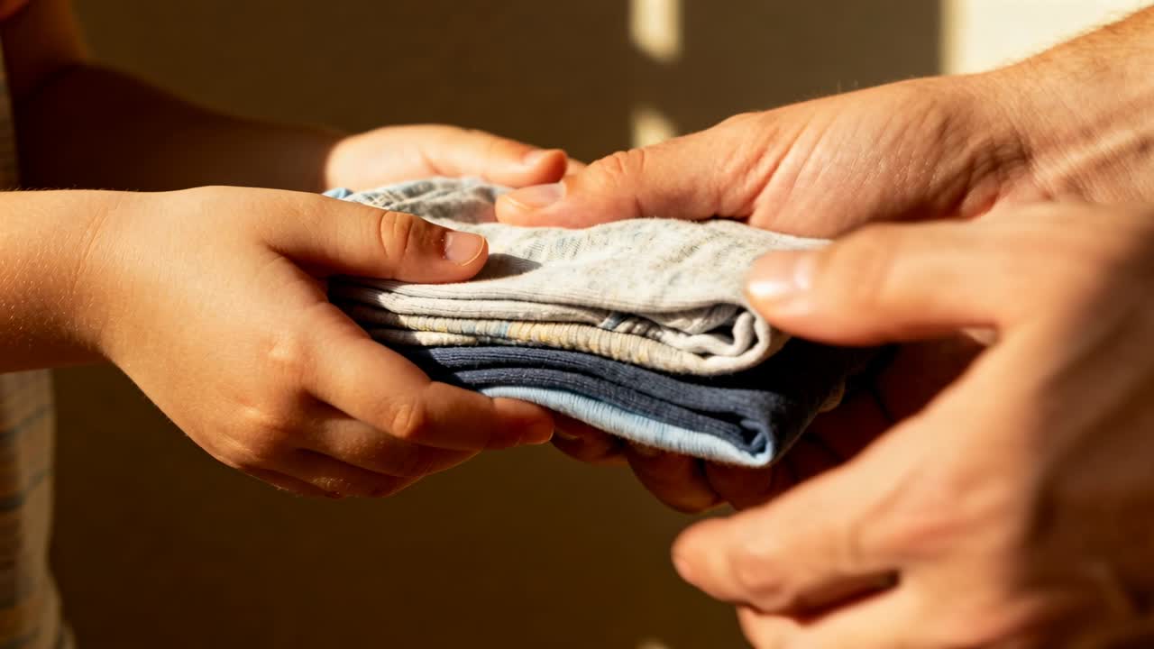 Reaching adult starting transfer child hands taking folded clothes in sunlight, striped top