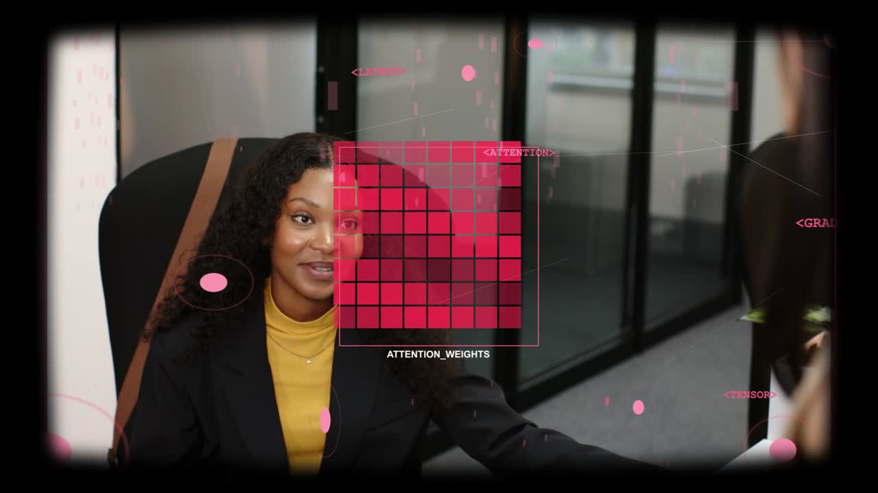 Woman in business looking and gesturing right, activating HUD aligning ATTENTION_WEIGHTS for focus