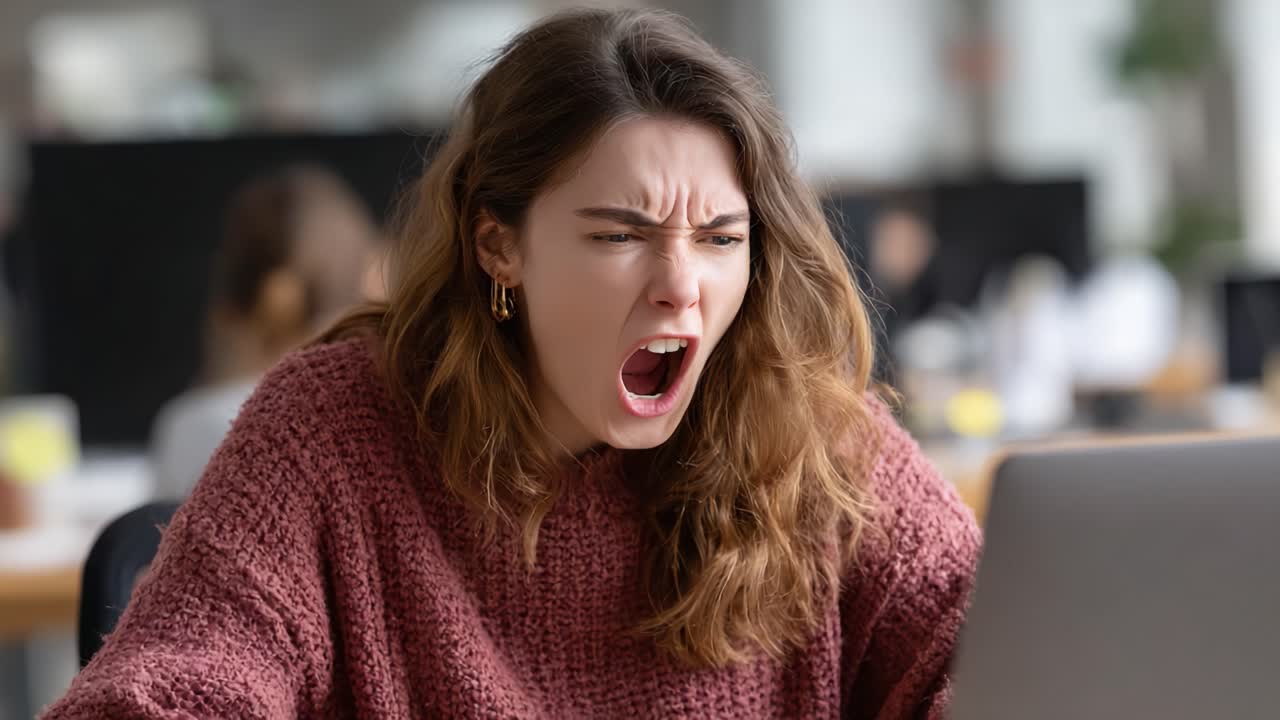 A Frustrated Young Woman Expressing Emotion While Working on Her Laptop in a Busy Office Environment, Capturing the Essence of Digital Struggles and Workplace Challenges
