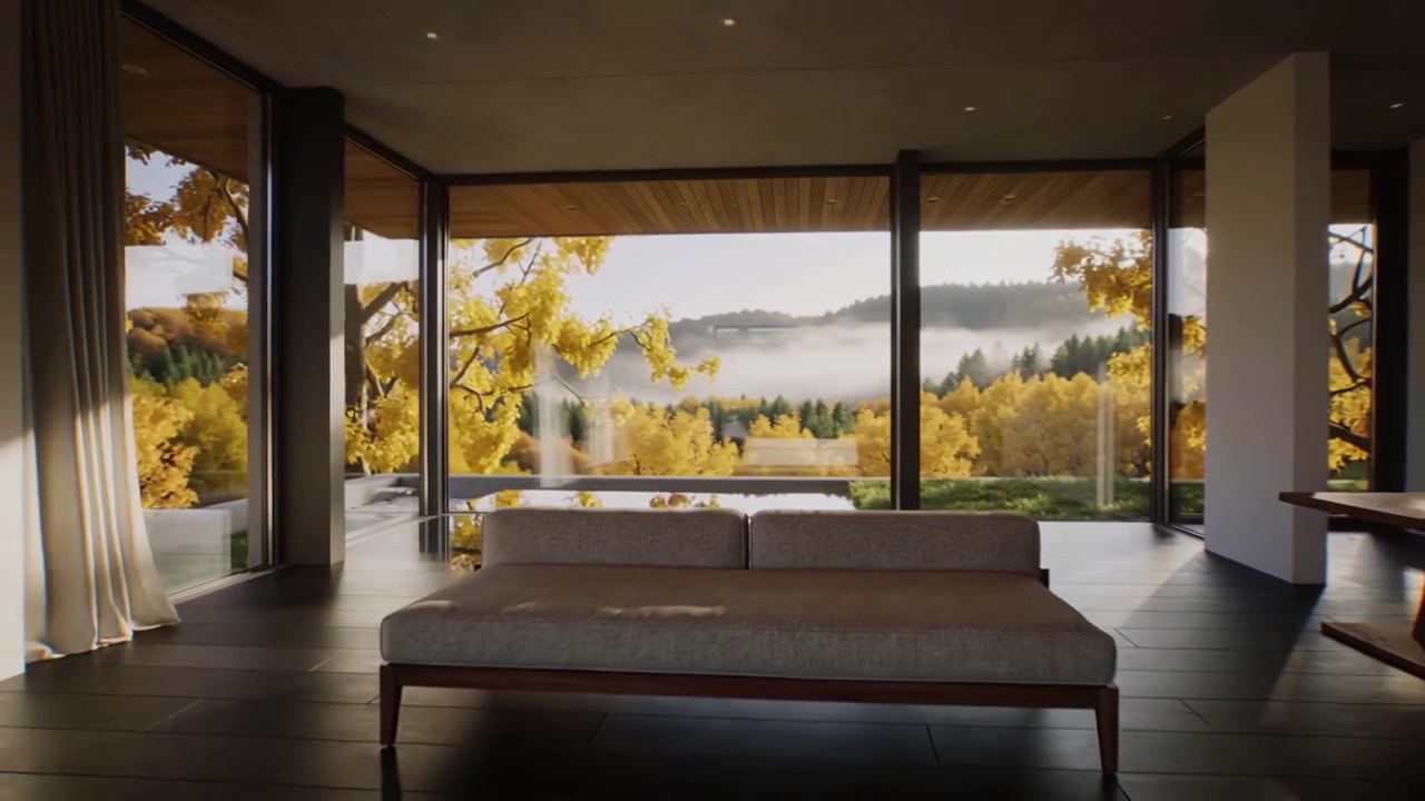 Panning camera revealing living area at patio, revealing autumnal view through glass wall and pool