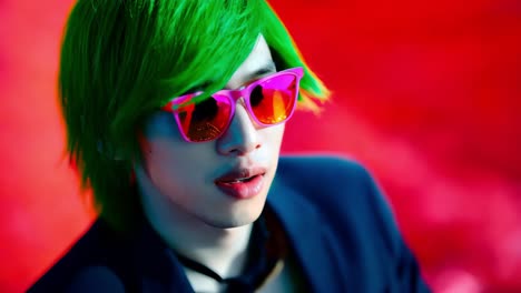 hombre con cabello verde y gafas de sol rosas