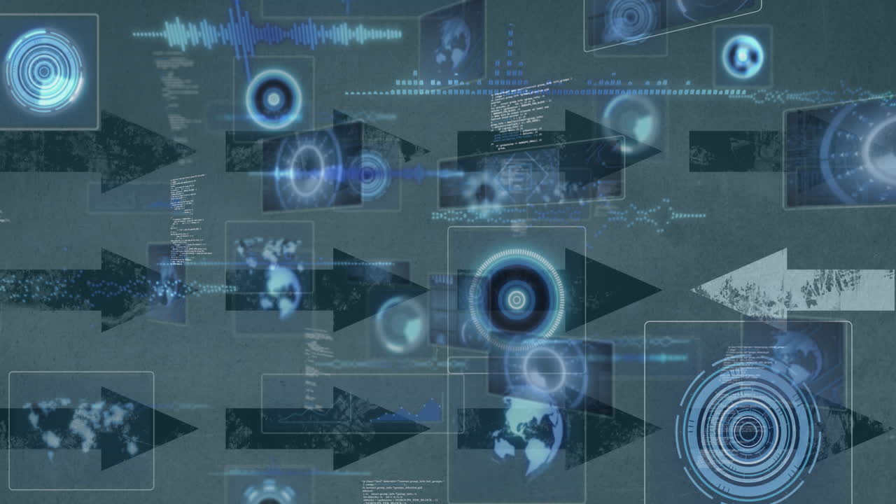 animazione di scansioni e elaborazione dei dati sugli schermi sopra le frecce