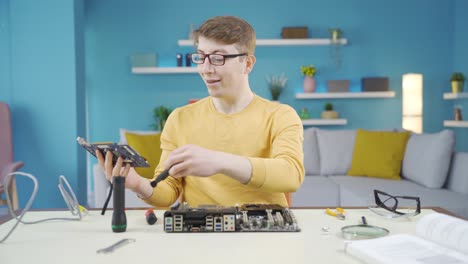 Excited young man interested in technology.