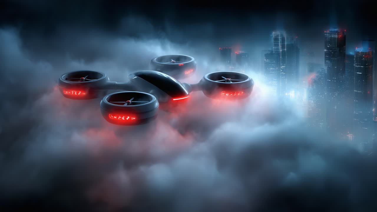 A futuristic drone hovers menacingly above a dense urban landscape, shrouded in fog, illuminated by striking red lights that pierce through the darkness of the night