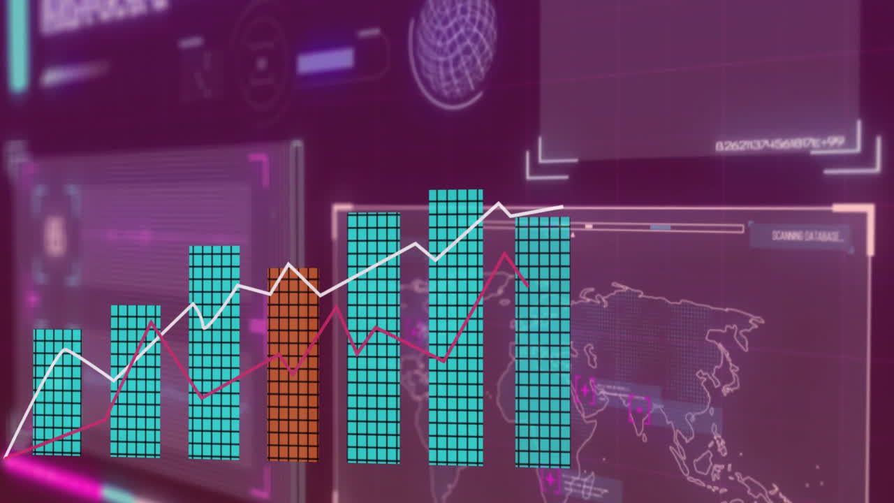gráficos de datos financieros y mapa del mundo con animación de interfaz futurista