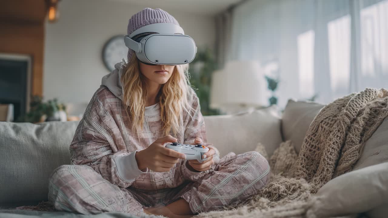 Una giovane ragazza immersa in un'esperienza di realtà virtuale mentre gioca su un comodo divano, indossa abiti comodi e si gode un momento di avventura digitale