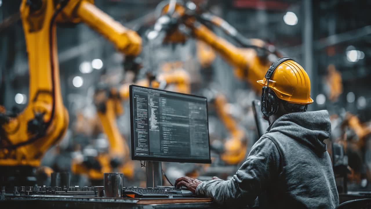 In a high-tech manufacturing facility, a worker in a yellow helmet and headphones monitors robotic arms using a computer to ensure efficient production processes