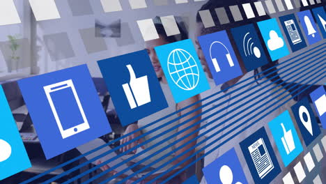 in office, people working together with digital communication icons and animation
