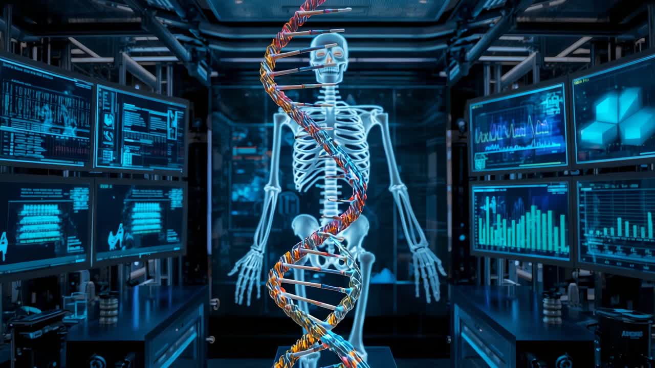 Rotating DNA helix appearing around clear skeleton in genomics lab, revealing skeletal alignment