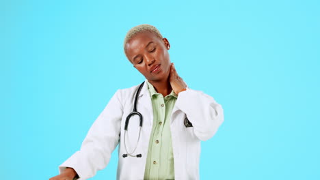 Mujer-Negra,-Médico-Y-Dolor-De-Cuello-En-Estrés