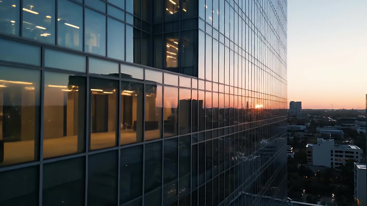 Aerial View of Modern Skyscraper Facade Reflecting Sunset