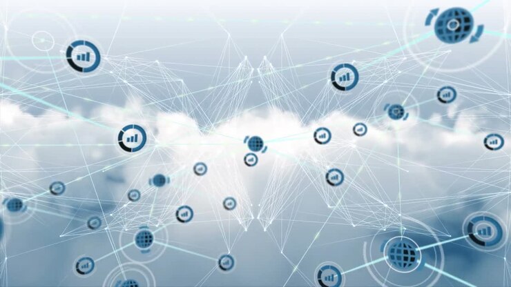 Animation of connected icons, dots forming globe and abstract pattern over dense clouds