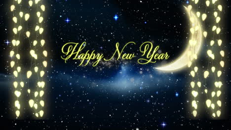 animation of snow falling over happy new year text banner and fairy lights against night sky
