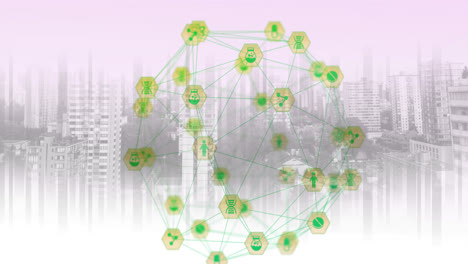 globo de iconos digitales contra el paisaje urbano