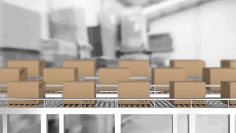 animación de cajas de cartón en cintas transportadoras sobre el almacén