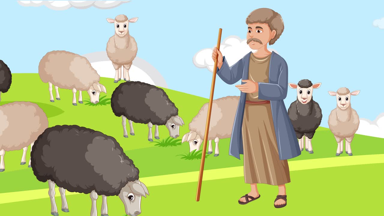 pastor animado cuidando y refugiando ovejas.