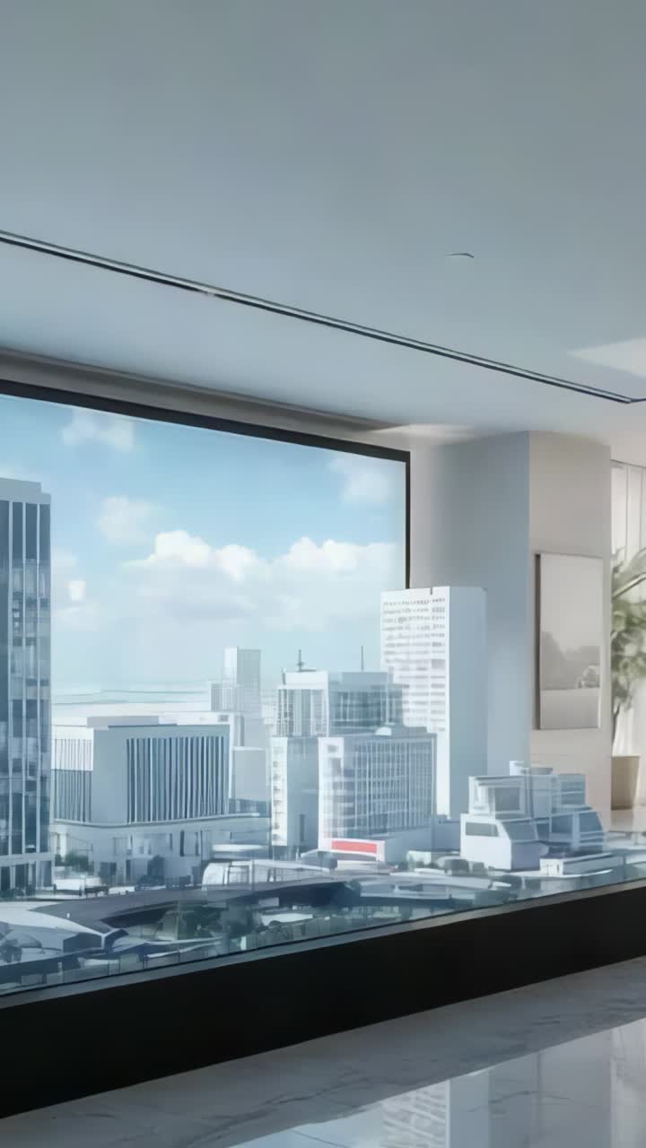 Vertical video: Ceiling lights activating as daylight fading in lounge with skyline transitioning