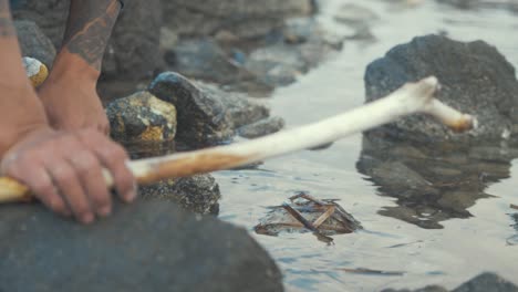 Hombre-Buscando-Cebo-De-Pesca-Vivo-Entre-Rocas-En-La-Playa