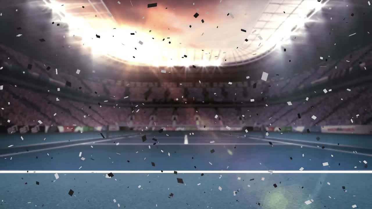 Premium stock video - Animation of confetti falling over sports stadium