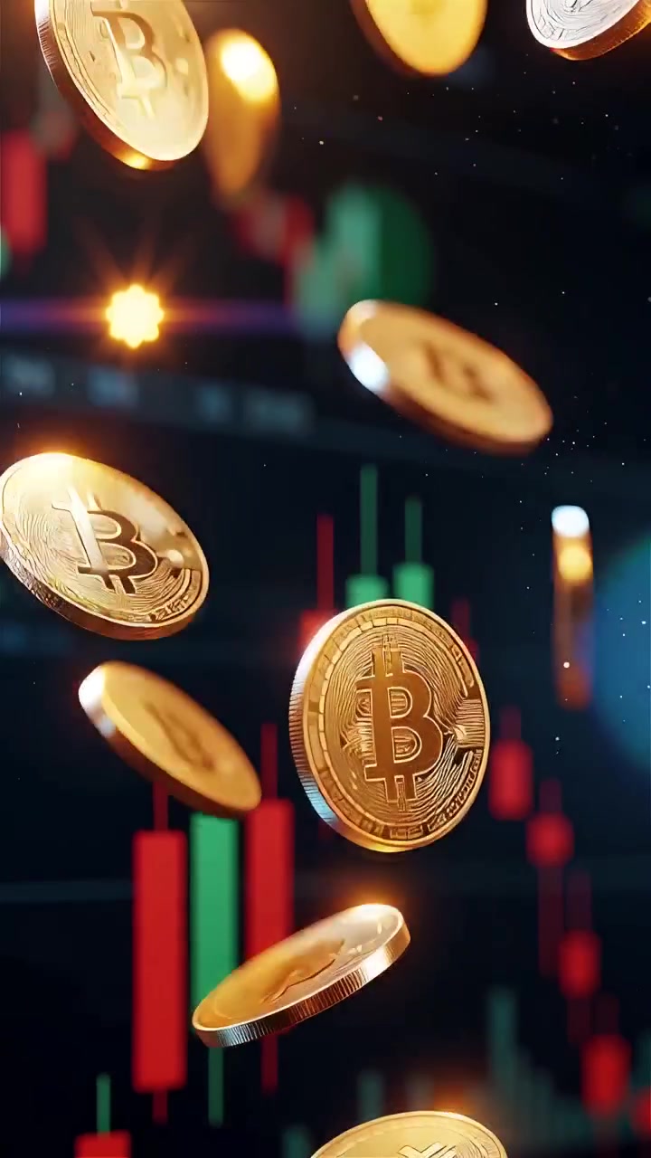 Moedas de Bitcoin douradas com fundo de gráfico de velas desfocado 4K