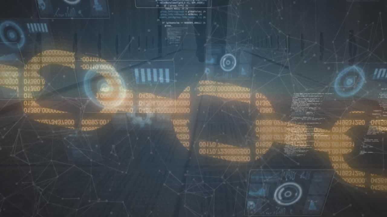 Animation of network of connections and data processing over caucasian man in server room