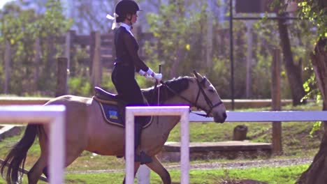 an equestrian beauty sits atop a light brown horse in slow motion