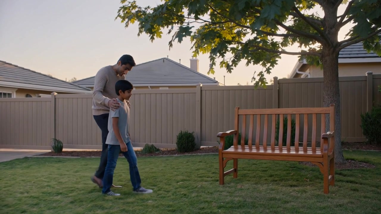 Entering yard from left, dad in beige sweater walking and guiding son to bench under tree