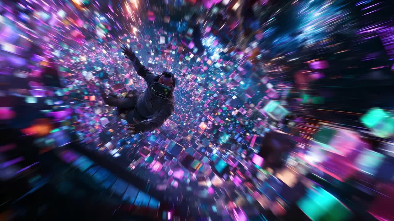 A mesmerizing journey through a vibrant cosmic realm, where an astronaut explores a dazzling array of colorful cubes and sparkling lights, representing a digital universe of infinite possibilities