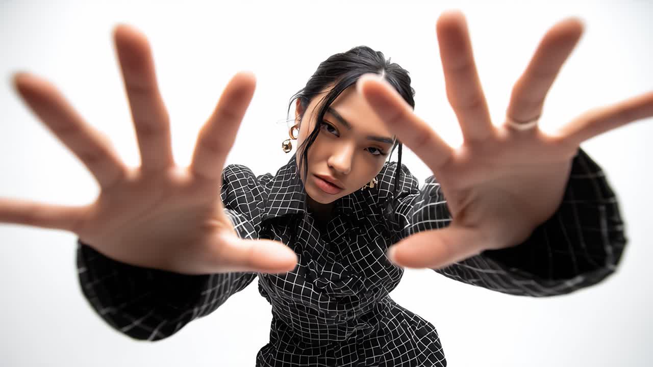 Young asian model reaching towards camera in slow motion montage