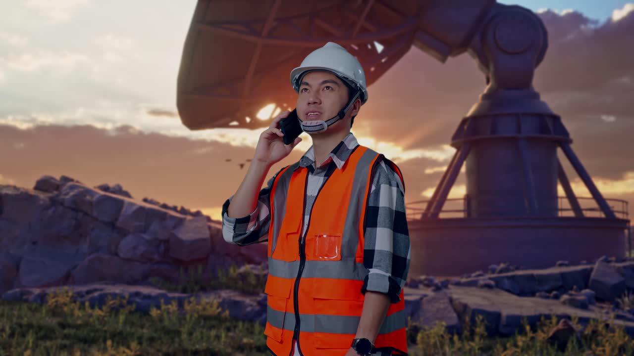 Side View Of Asian Male Engineer With Safety Helmet Talking On Smartphone While Standing With Large Satellite Dish