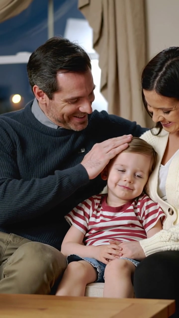 Vertical video: Smiling parents exchanging looks patting and rubbing son on couch, offering comfort