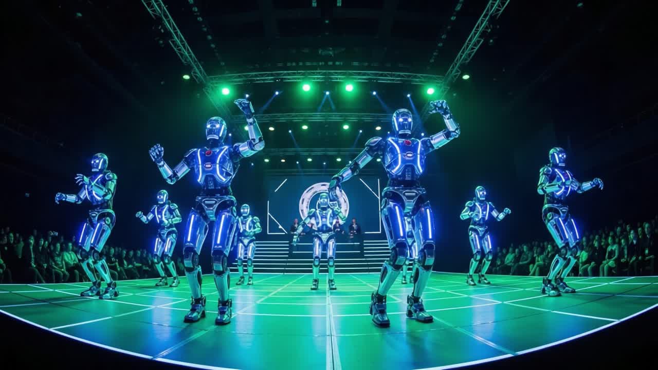 A Captivating Display of Advanced Robotic Performance with Dynamic LED Effects and Choreographed Moves, Showcasing the Future of Entertainment Technology