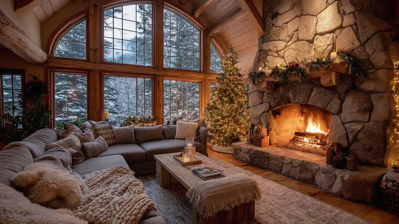 Warm and Cozy Winter Living Room with Stone Fireplace and Christmas Tree, Showcasing Rustic Elegance and Festive Ambiance in a Snowy Landscape