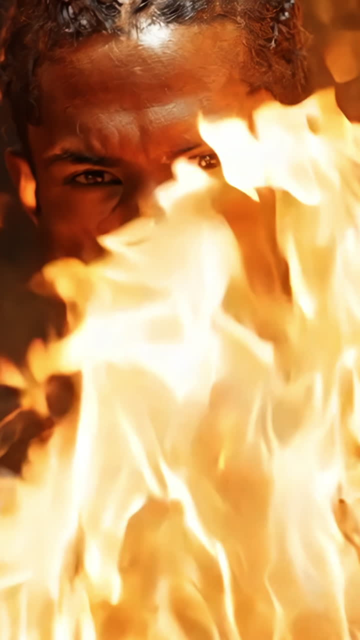 A man with tattoos on his arms stands in front of a fire. The fire is orange and yellow, and it seems to be engulfing the man. The man's body is covered in tattoos, and he has a muscular build