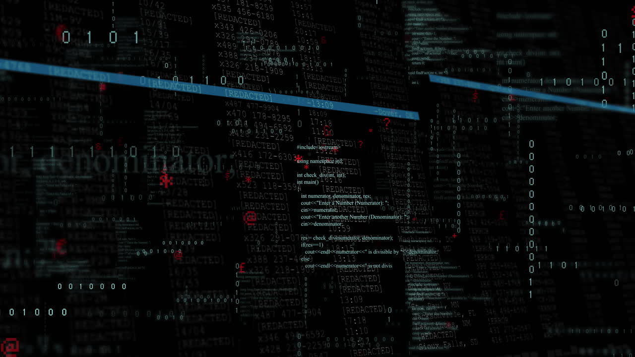 Animation of blue lines and red cursors over layers of data processing on black background