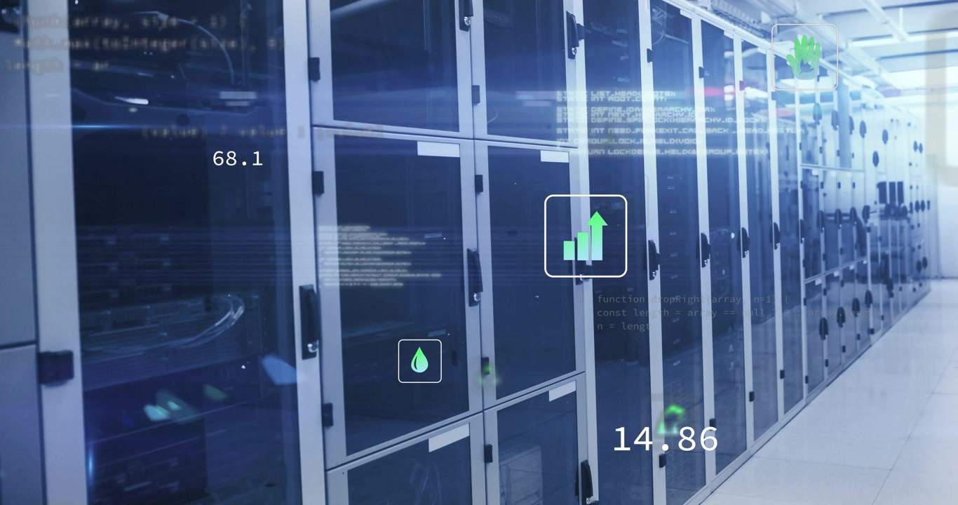 Icons appearing on server racks with code scrolling, numbers updating and highlighting carbon data