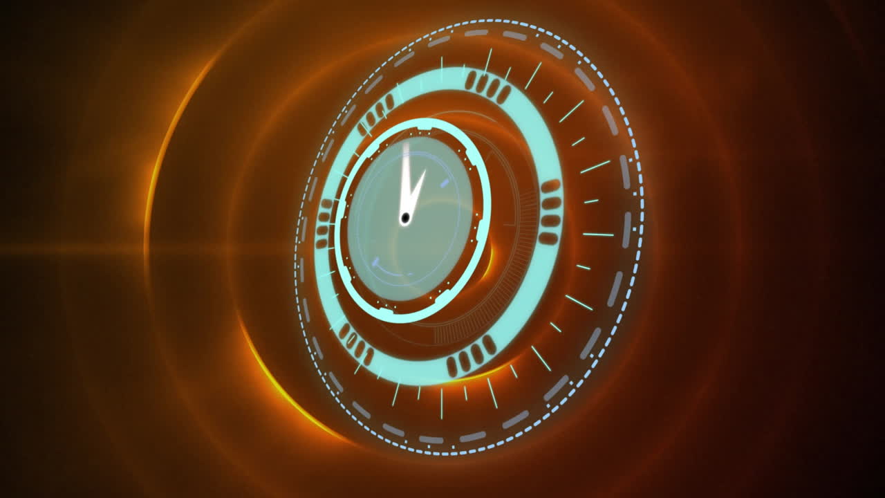 오렌지색 원 위에 빠르게 움직이는 시계의 애니메이션