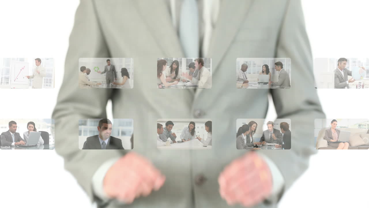 hombre de negocios activando y desplazándose a través de videos de negocios