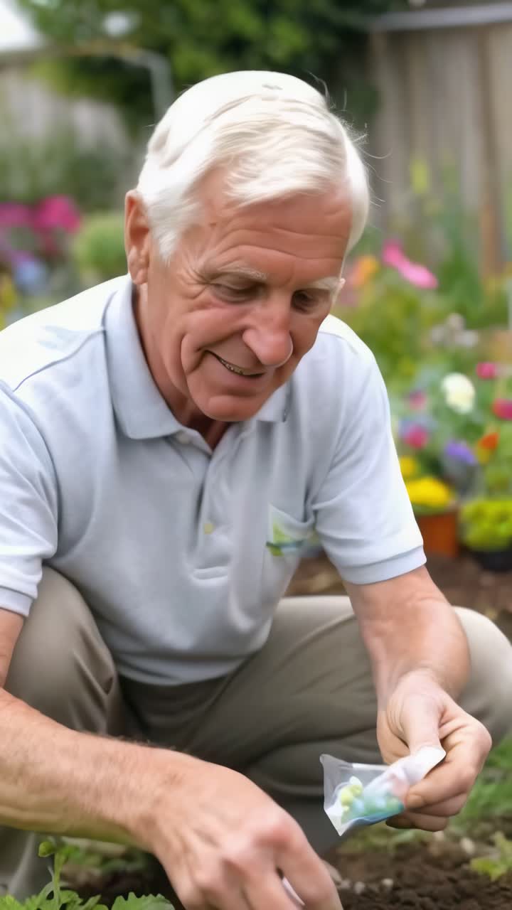 A man is kneeling down in a garden, holding a bag of seeds