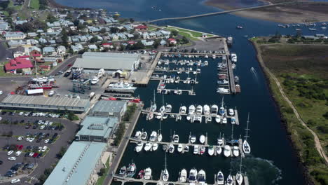 AERIAL-Boating-Marina-And-Surrounding-Waterways-On-A-Coastal-Township