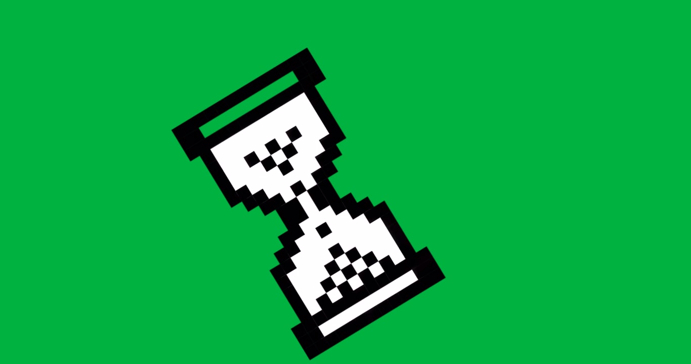 Pixelated hourglass timer icon hovering on transparent background, showing time flow in technology