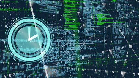 animation of clock moving over data processing on black background