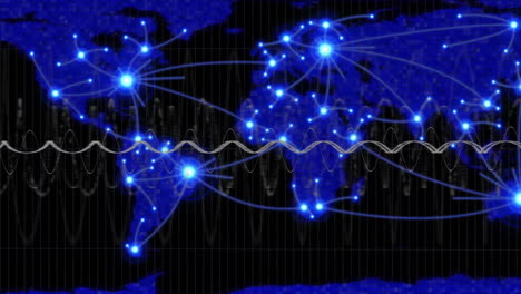 conexiones de red global y animación del flujo de datos sobre el mapa del mundo