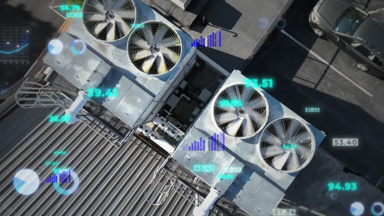 Overhead view of rooftop HVAC units with spinning fans, augmented with animated data overlay