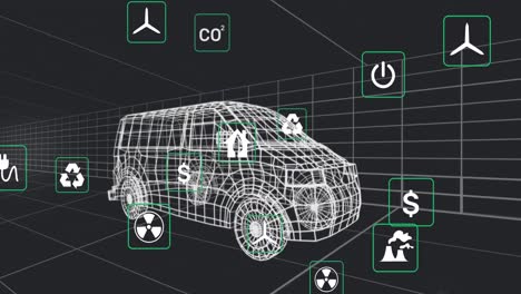 animation of eco icons and data processing over 3d car technical drawing