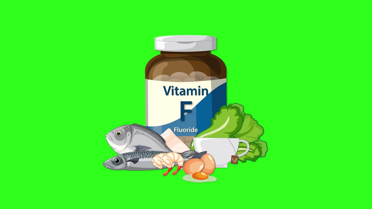 Vitamin F bottle appears with fish, eggs, greens, and vegetables, smooth transitions, bright green background